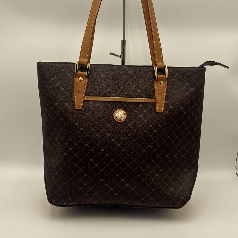 Rioni Brown and Tan Monogram Tote Bag with Gold Emblem